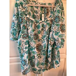 Talbots Plus Paisley Top Blouse Sz 3X Ruffled Square Neck Sleeve Blue Green